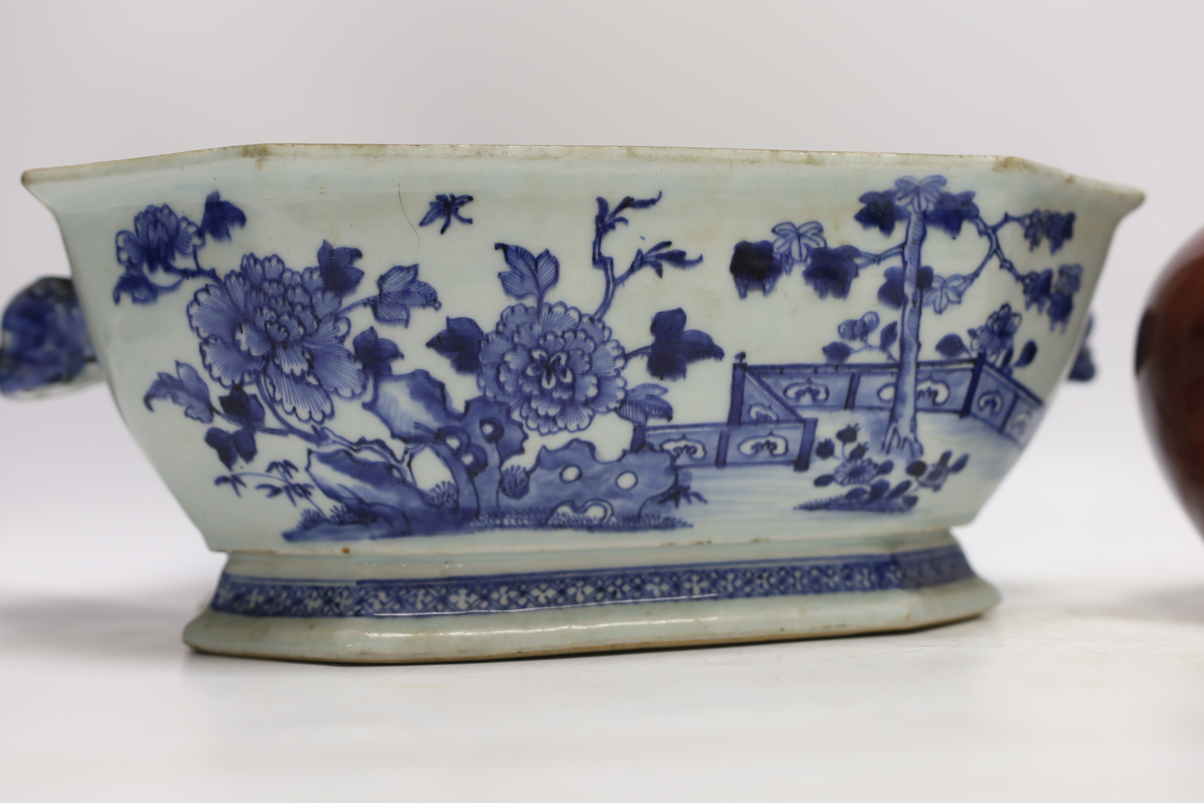 An 18th century Chinese blue and white tureen together with a sang de boeuf vase
